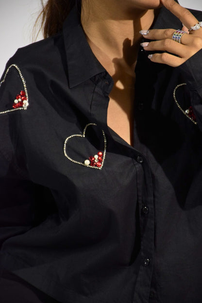 Midnight Love Embellished Handcrafted Crop Shirt Black