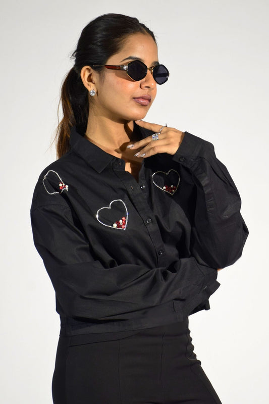 Midnight Love Embellished Handcrafted Crop Shirt Black