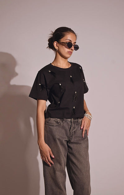 Feather Embellished Handcrafted Crop T Shirt Black hover image