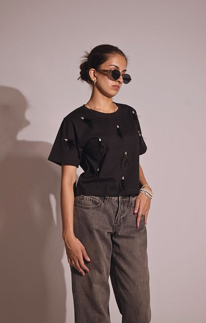 Feather Embellished Handcrafted Crop T Shirt Black