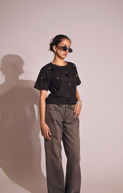 Feather Embellished Handcrafted Crop T Shirt Black