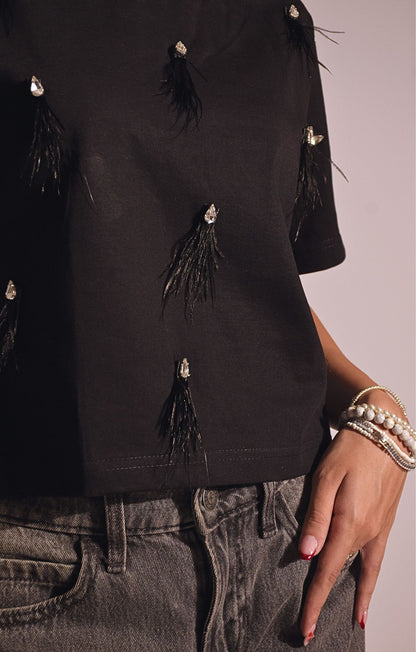 Feather Embellished Handcrafted Crop T Shirt Black