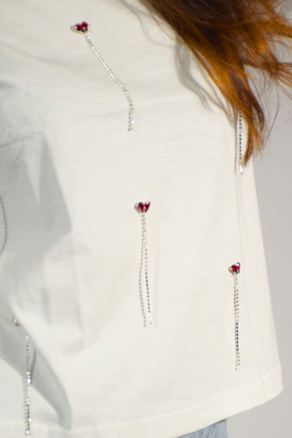 Red Heartdrop Embellished Handcrafted Drop Crop T-Shirt White