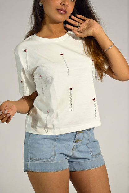 Red Heartdrop Embellished Handcrafted Drop Crop T-Shirt White