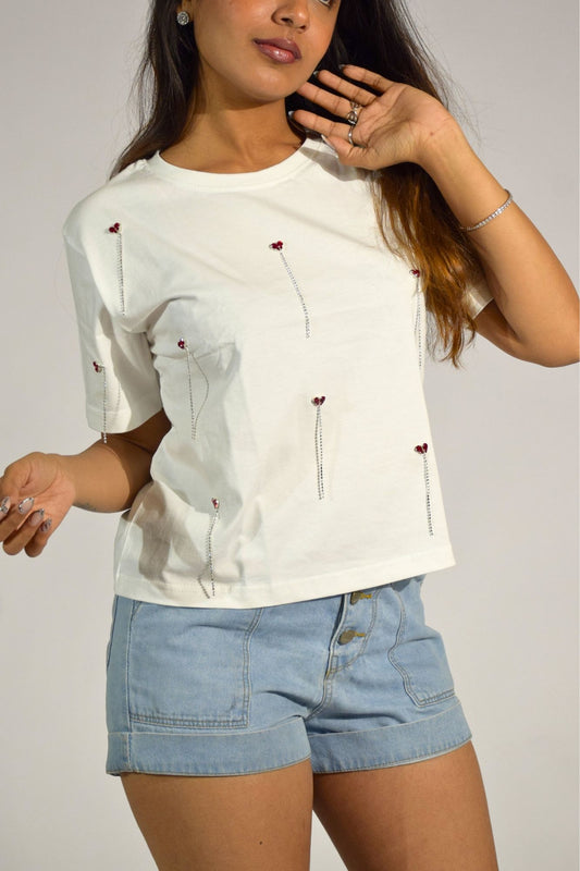 Red Heartdrop Embellished Handcrafted Drop Crop T-Shirt White