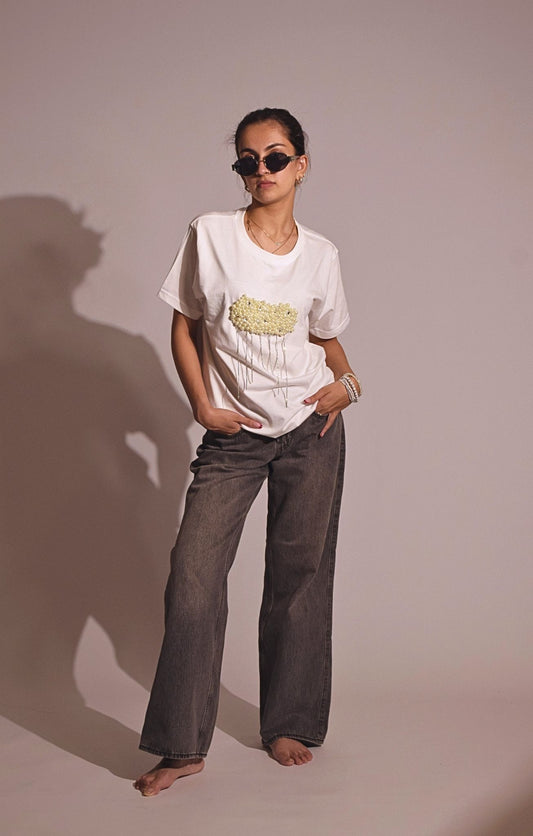 Cloud Embellished Handcrafted oversized T-Shirt White