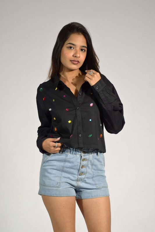 9 Stone Embellished Handcrafted Crop Shirt Black