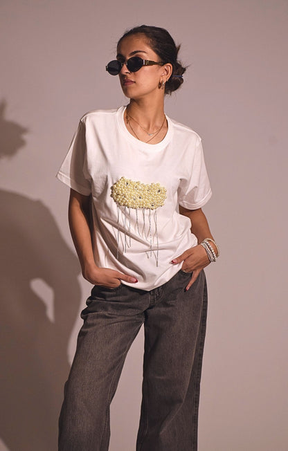 Cloud Embellished Handcrafted oversized T-Shirt White