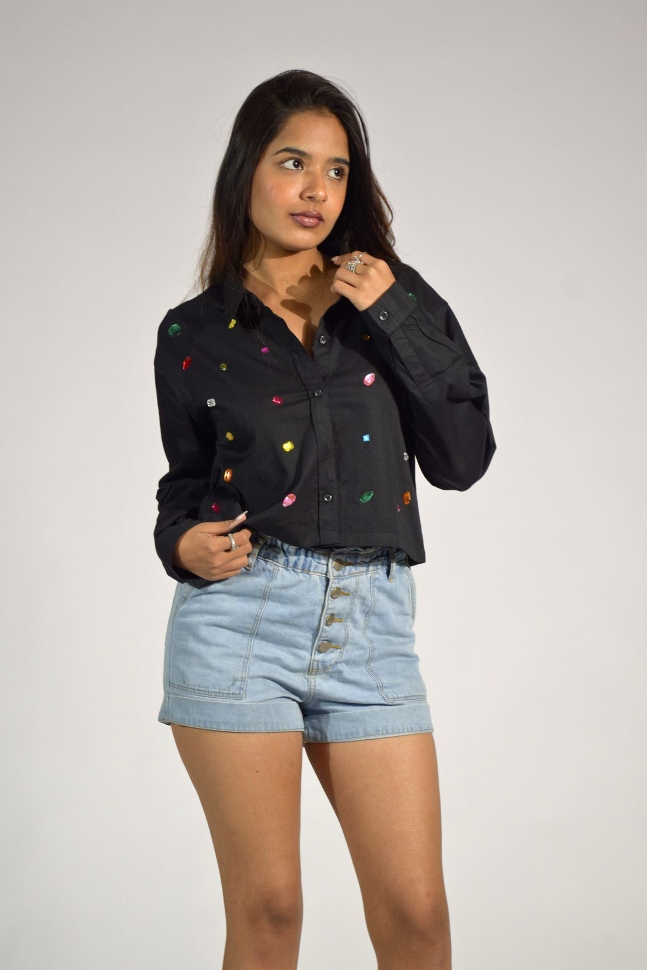 9 Stone Embellished Handcrafted Crop Shirt Black