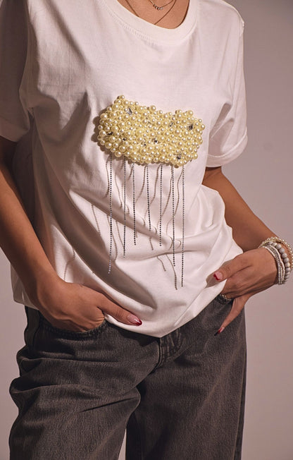 Cloud Embellished Handcrafted oversized T-Shirt White