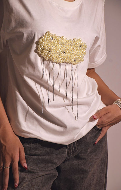 Cloud Embellished Handcrafted oversized T-Shirt White