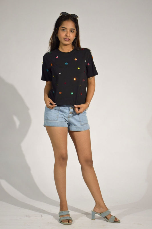 9 Stone Embellished Handcrafted Crop T-Shirt Black