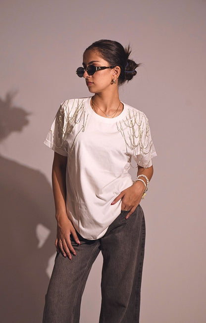 Edgy Embellished Handcrafted oversized T-Shirt White