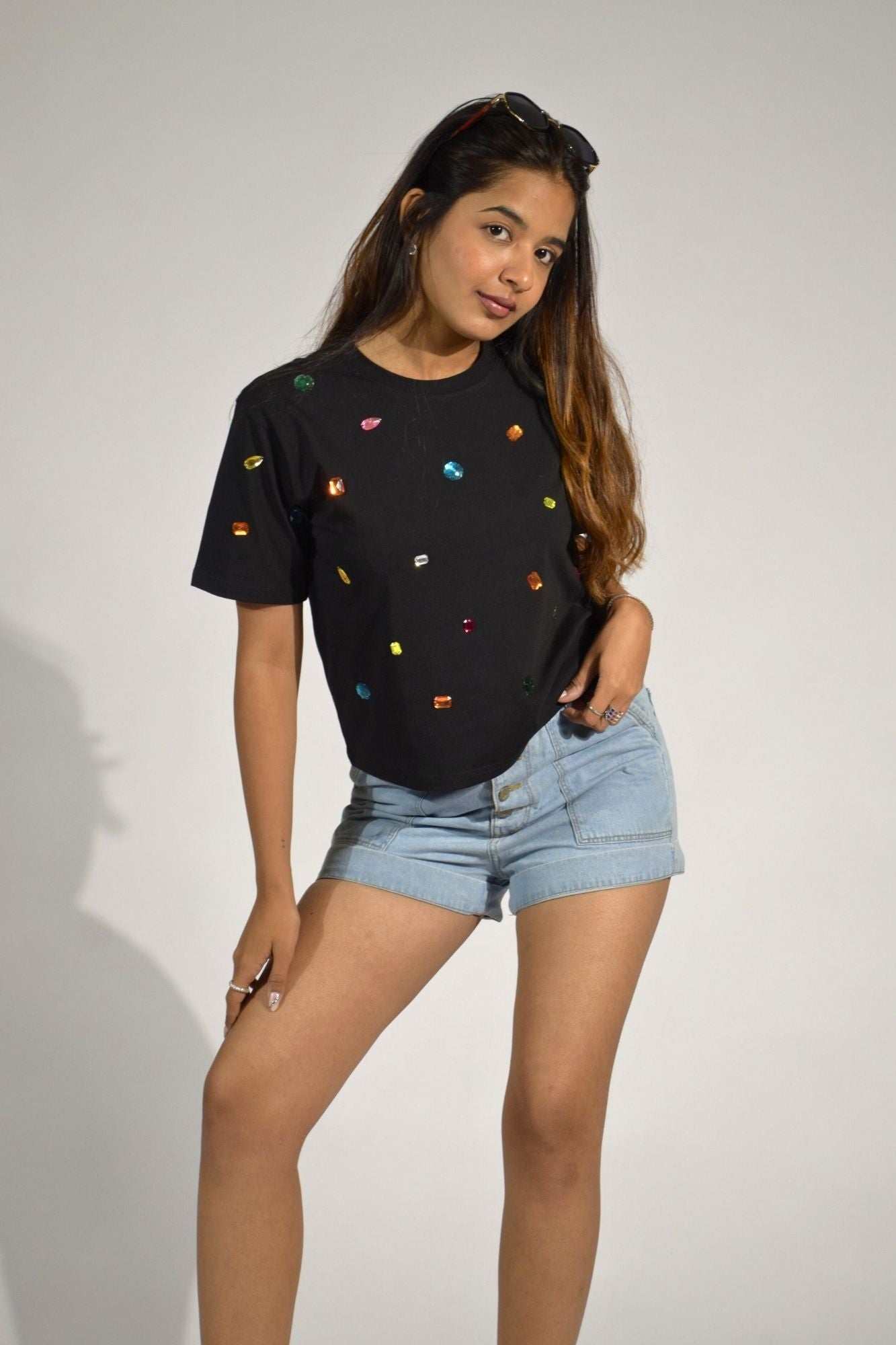 9 Stone Embellished Handcrafted Crop T-Shirt Black