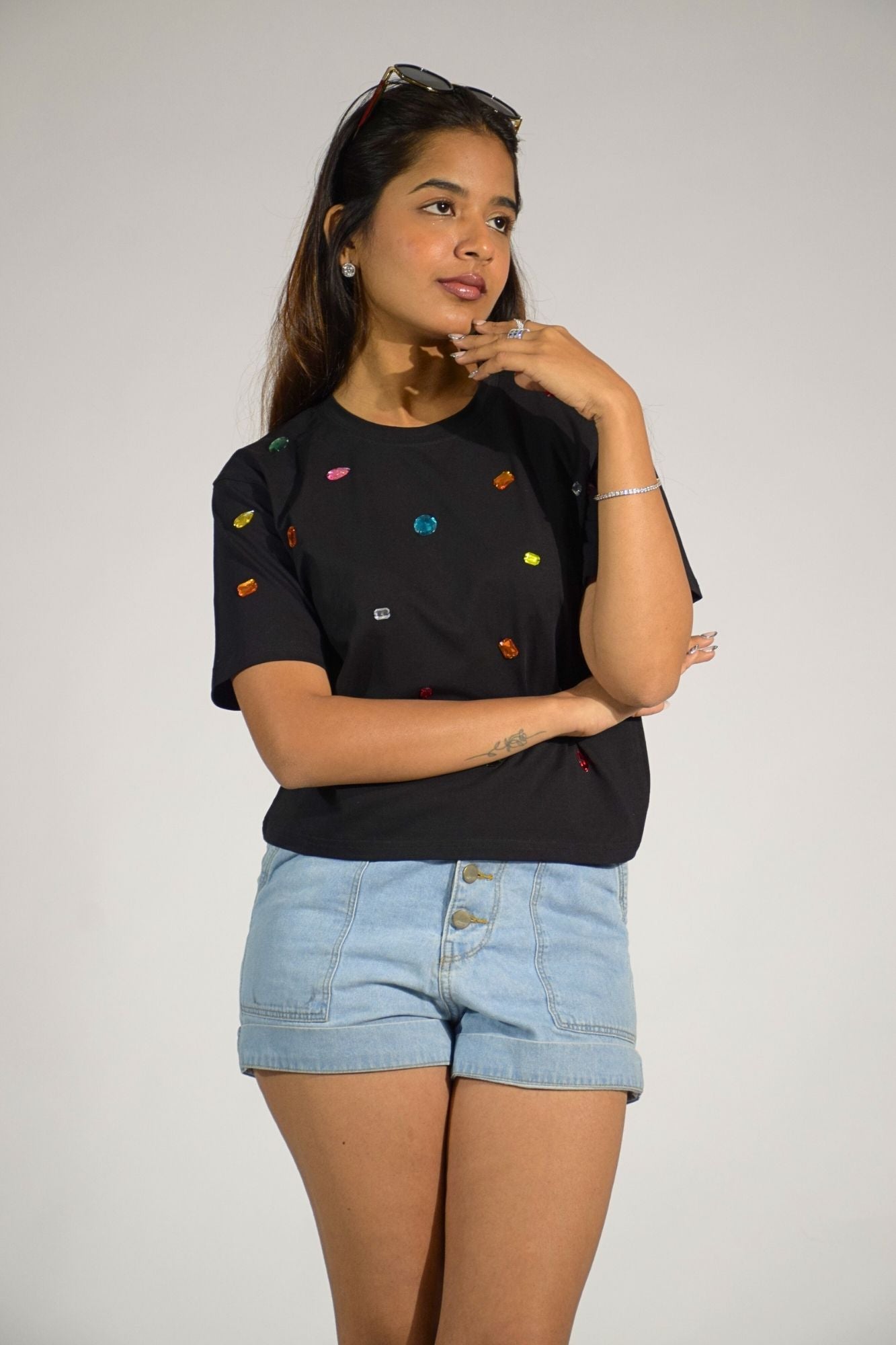 9 Stone Embellished Handcrafted Crop T-Shirt Black