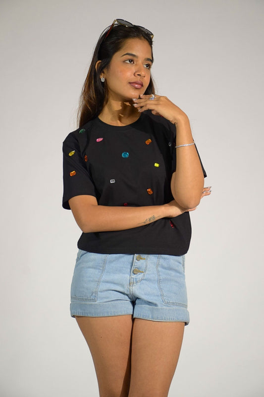 9 Stone Embellished Handcrafted Crop T-Shirt Black