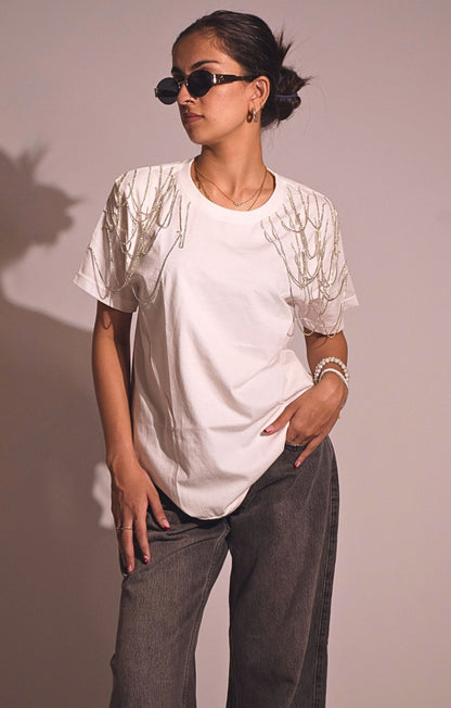 Edgy Embellished Handcrafted oversized T-Shirt White