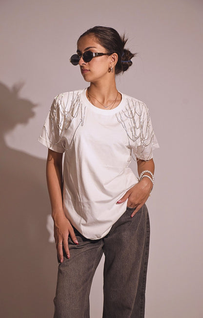 Edgy Embellished Handcrafted oversized T-Shirt White