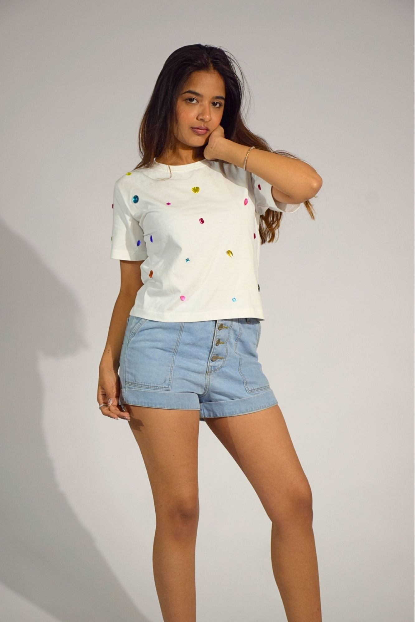 9 Stone Embellished Handcrafted Crop T-Shirt White
