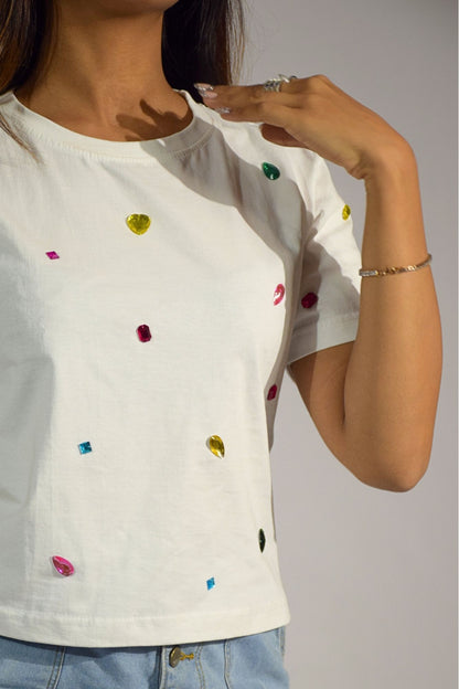 9 Stone Embellished Handcrafted Crop T-Shirt White