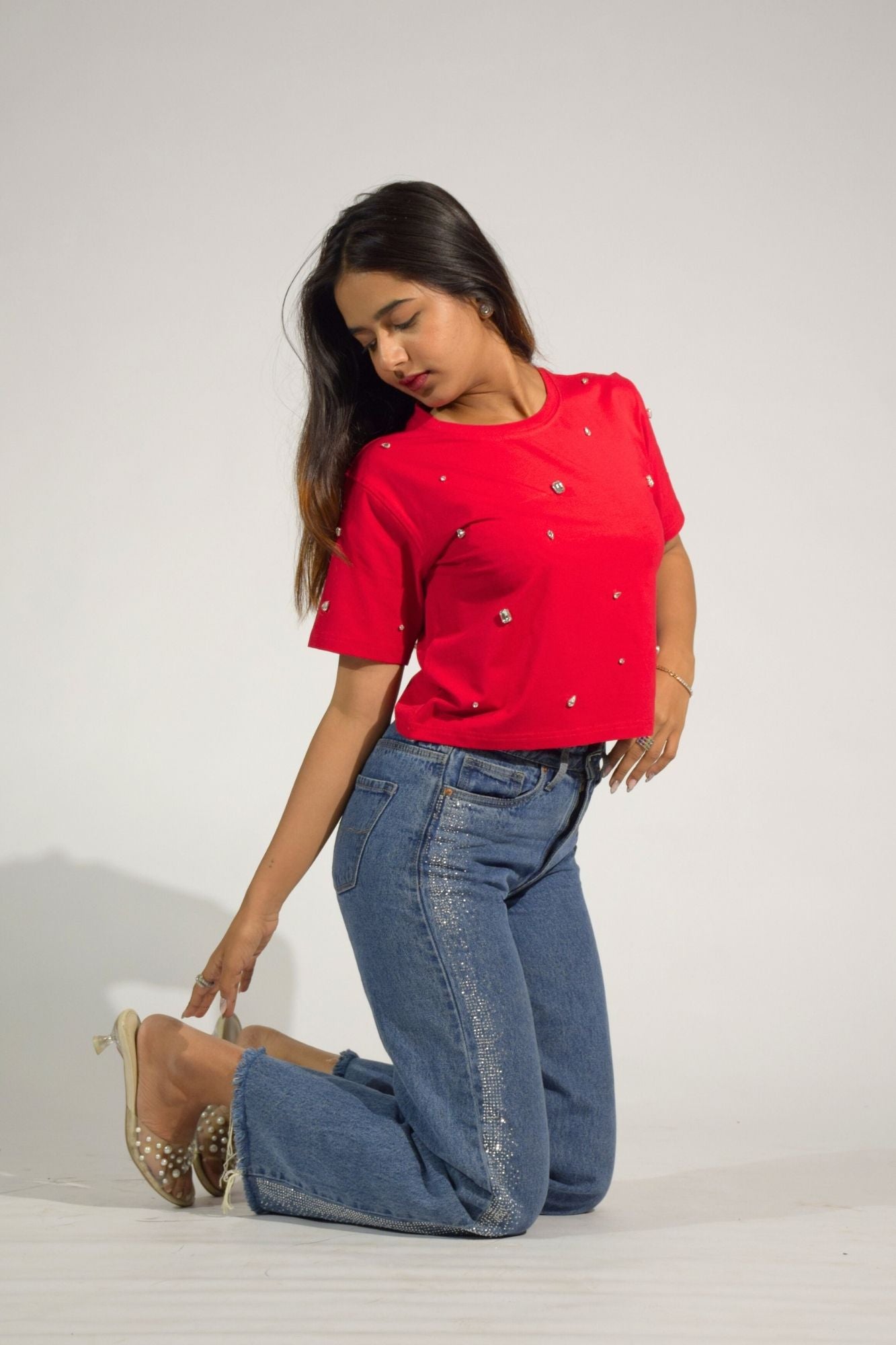 Galaxy Stone Embellished Handcrafted Crop T-shirt Red