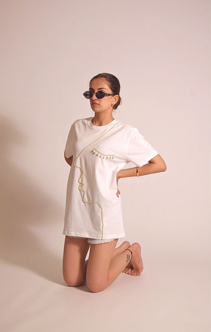 Face Embellished Handcrafted oversized T Shirt White