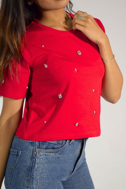 Galaxy Stone Embellished Handcrafted Crop T-shirt Red