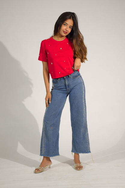 Galaxy Stone Embellished Handcrafted Crop T-shirt Red