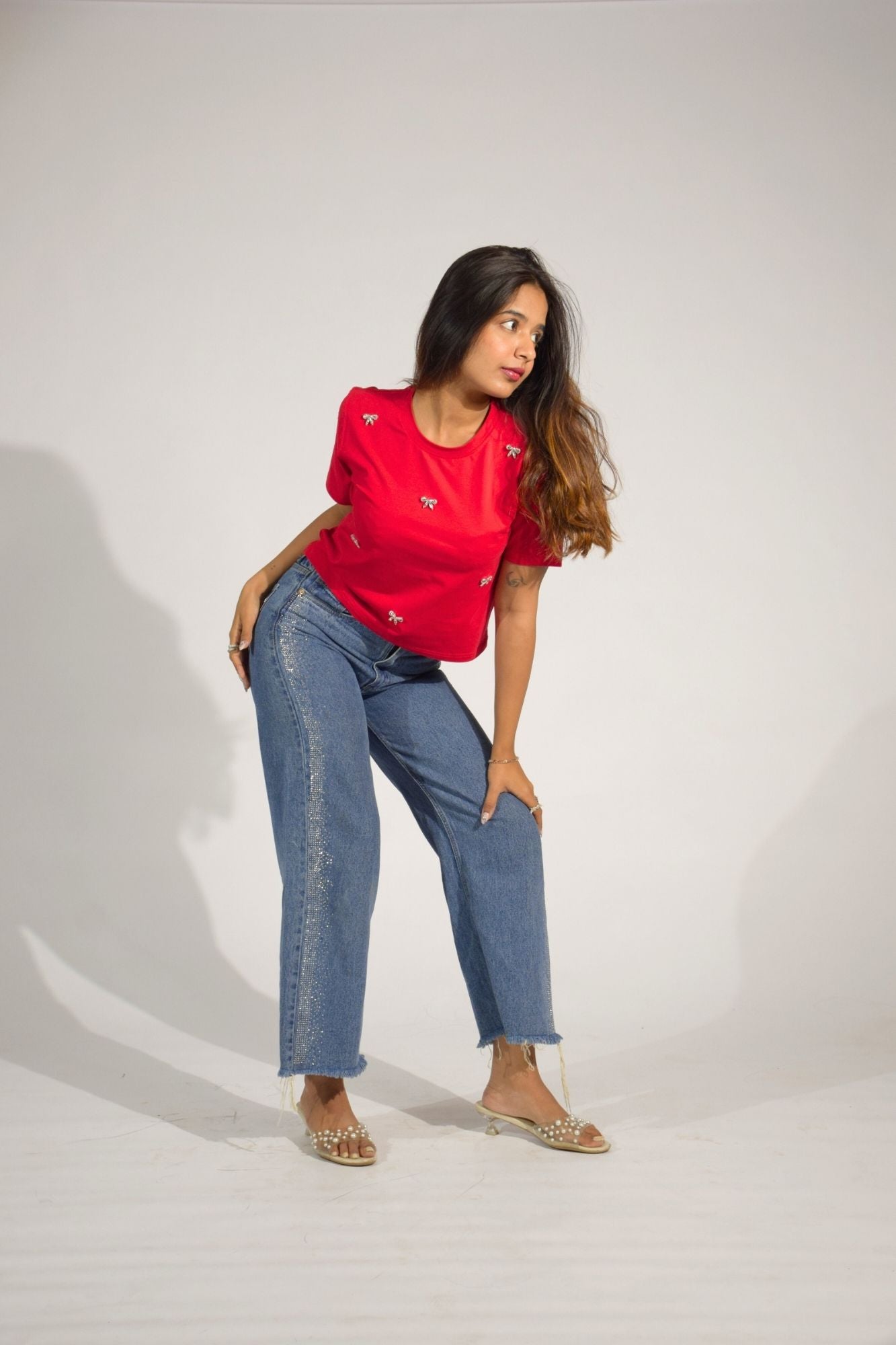 Bow Bliss Embellished Handcrafted Crop T-shirt Red