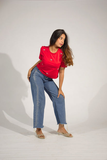 Bow Bliss Embellished Handcrafted Crop T-shirt Red