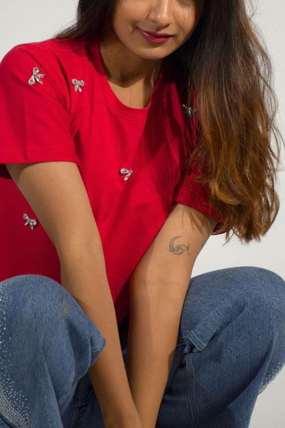 Bow Bliss Embellished Handcrafted Crop T-shirt Red
