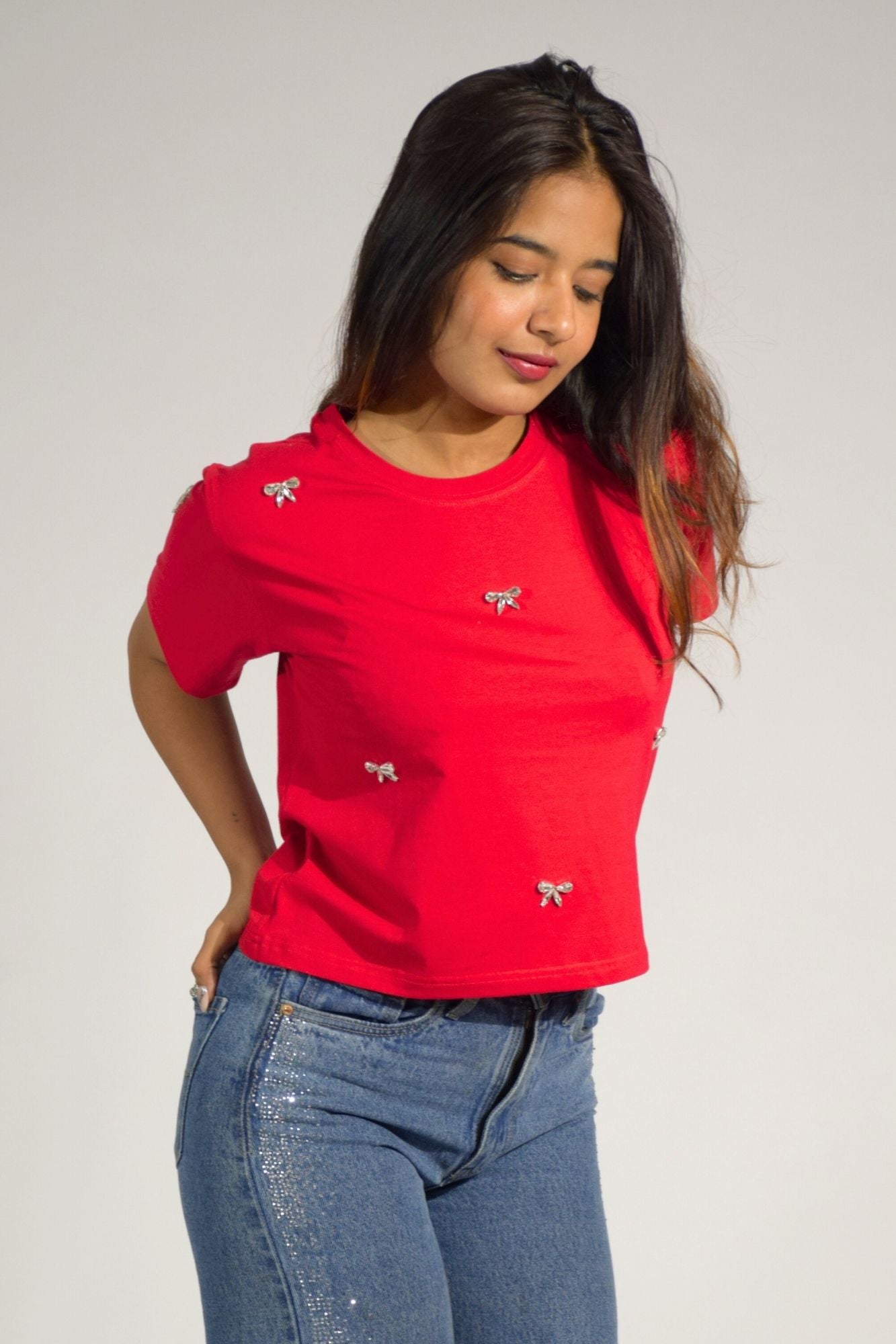 Bow Bliss Embellished Handcrafted Crop T-shirt Red