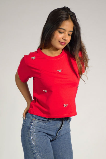 Bow Bliss Embellished Handcrafted Crop T-shirt Red