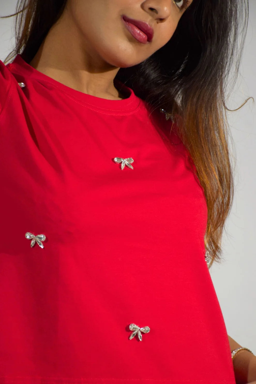 Bow Bliss Embellished Handcrafted Crop T-shirt Red