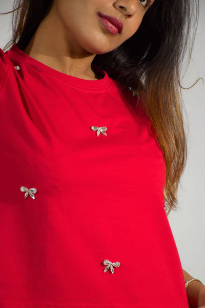 Bow Bliss Embellished Handcrafted Crop T-shirt Red hover image