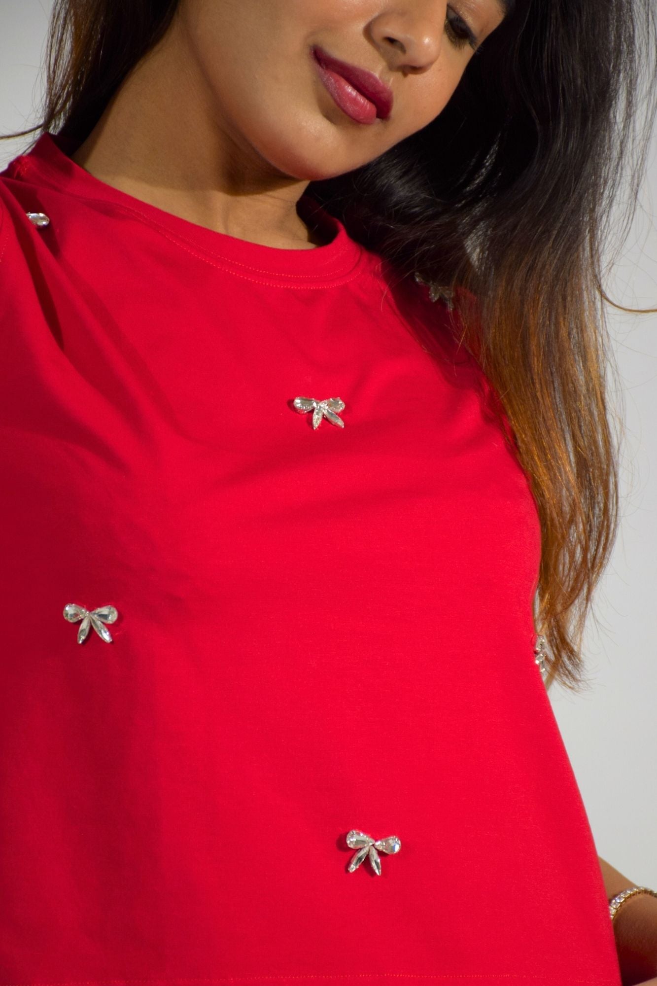 Bow Bliss Embellished Handcrafted Crop T-shirt Red