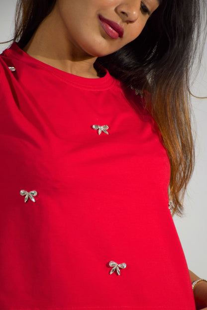 Bow Bliss Embellished Handcrafted Crop T-shirt Red
