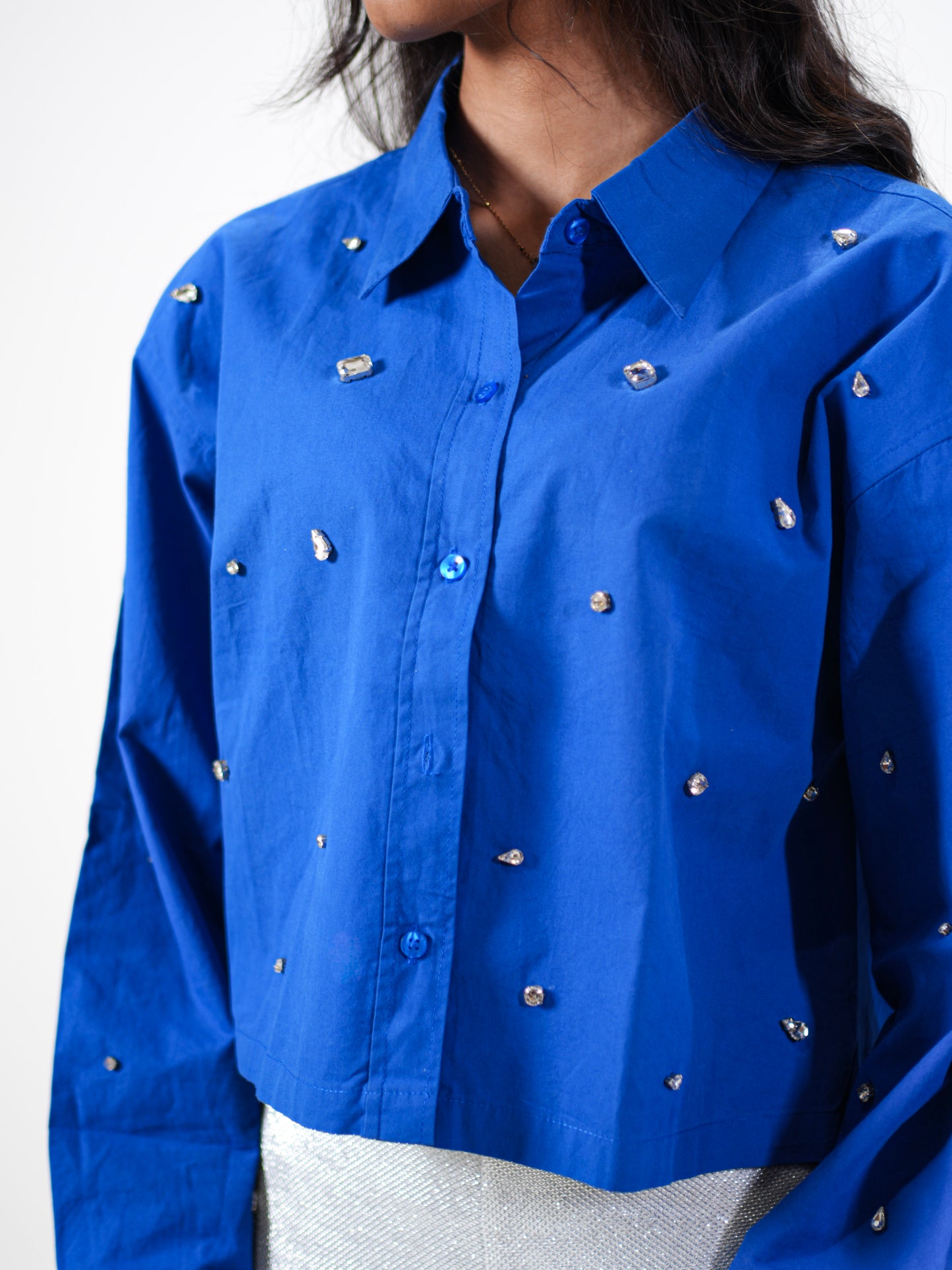 Galaxy Stone Embellished Handcrafted Crop Shirt Blue