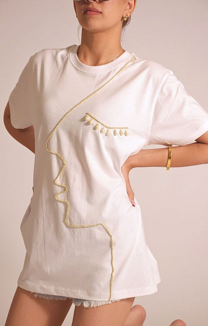 Face Embellished Handcrafted oversized T Shirt White