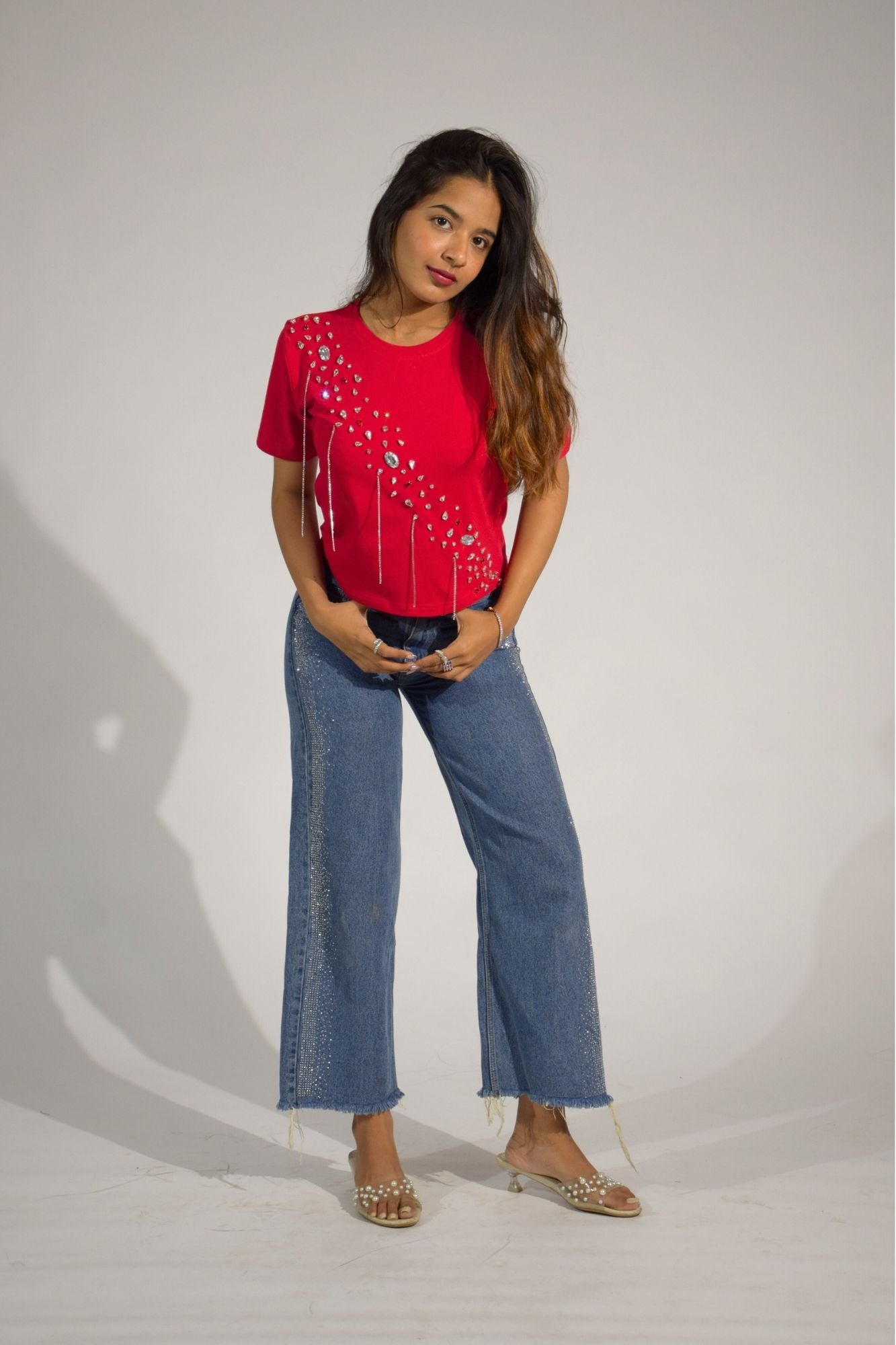 Crystal Wave Embellished Handcrafted Crop T-Shirt Red