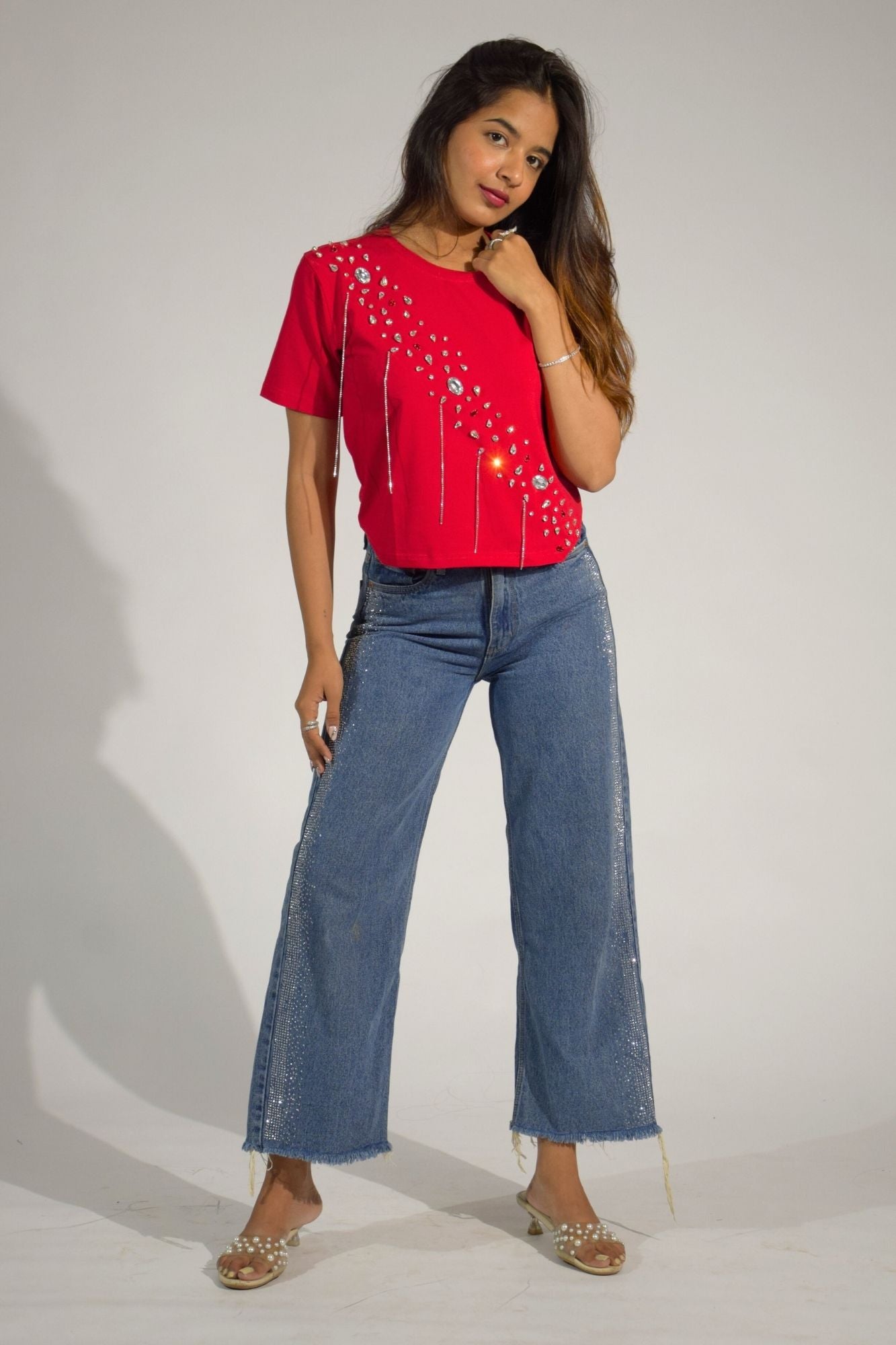 Crystal Wave Embellished Handcrafted Crop T-Shirt Red