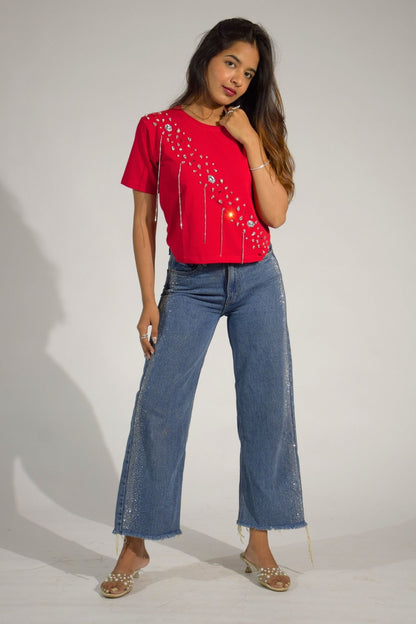 Crystal Wave Embellished Handcrafted Crop T-Shirt Red