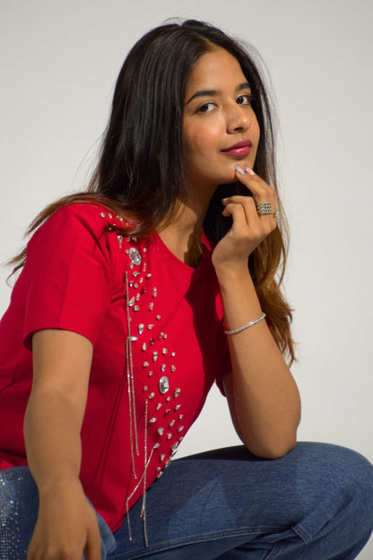 Crystal Wave Embellished Handcrafted Crop T-Shirt Red