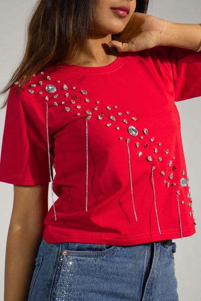 Crystal Wave Embellished Handcrafted Crop T-Shirt Red