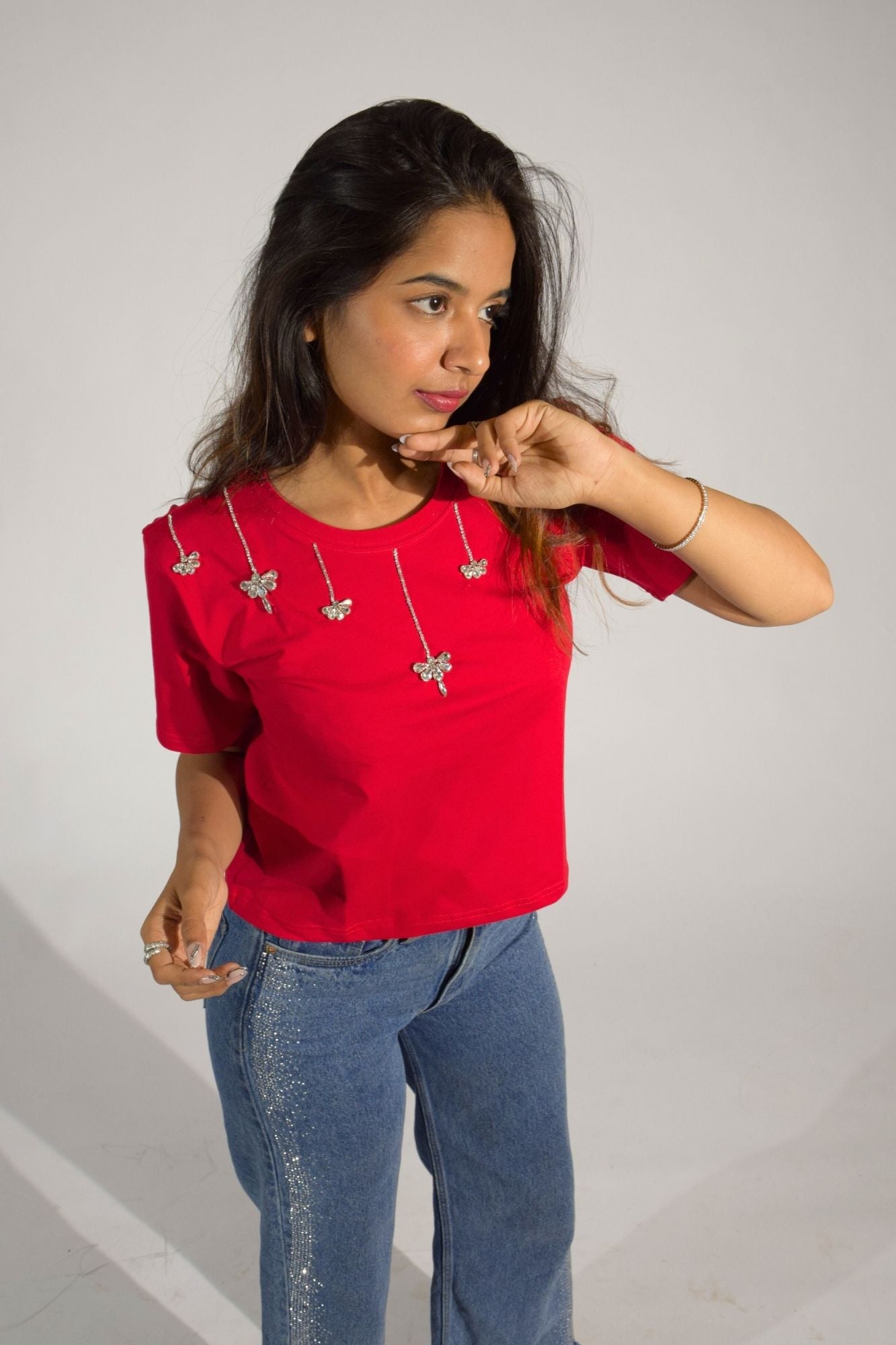 Chandelier Charm Embellished Handcrafted Crop T-Shirt Red