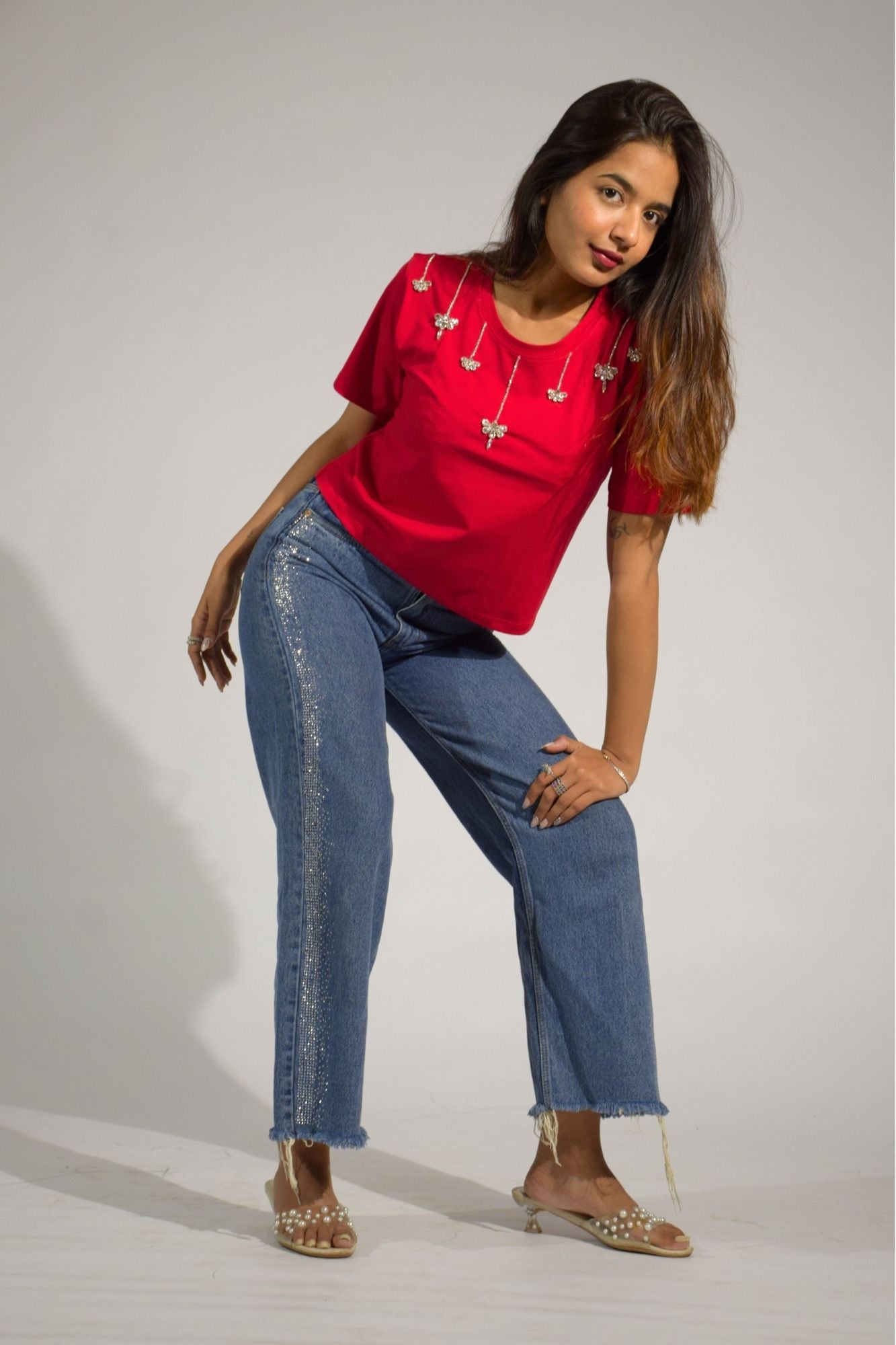 Chandelier Charm Embellished Handcrafted Crop T-Shirt Red