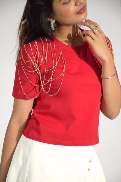Edgy Embellished Handcrafted Crop T Shirt Red