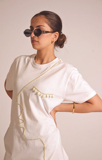 Face Embellished Handcrafted oversized T Shirt White