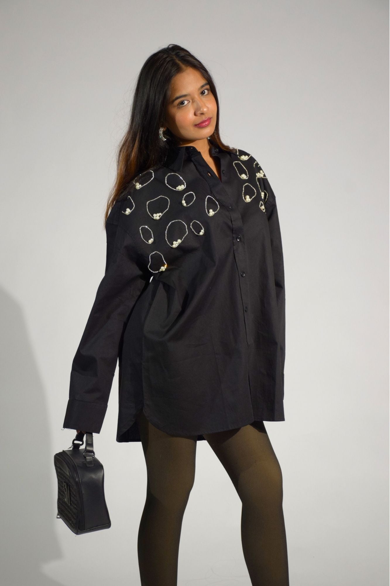 Island Embellished Handcrafted Oversized Shirt Black