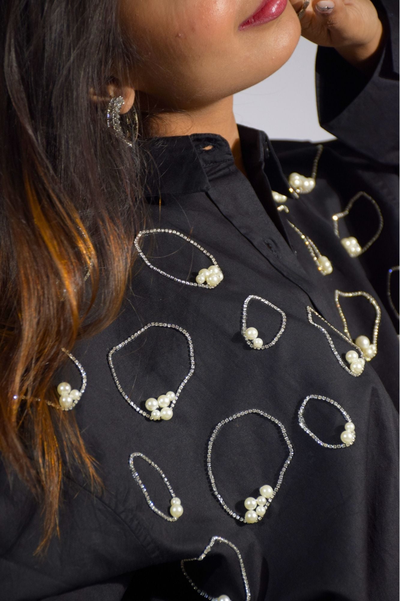 Island Embellished Handcrafted Oversized Shirt Black